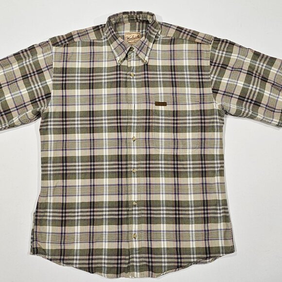 Woolrich Men’s Plaid Outdoorwear Button-Down Shirt Khaki Size M - Missing Button - Picture 1 of 8